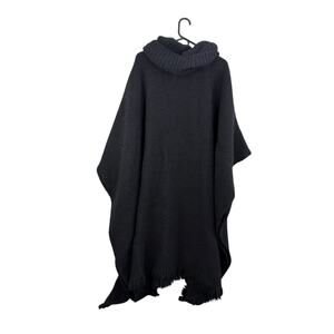 Branigan Irish Wool Poncho Black Womens One Size Cowl Neck Knit Fringe Heavy